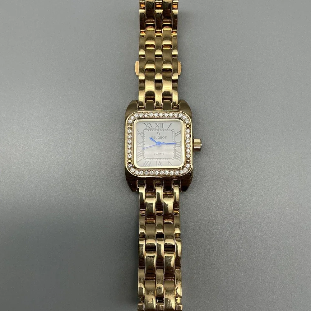 Peugeot Womens Watch 24mm White Dial Gold Tone Crystals Bracelet New Battery 6